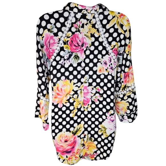 0029 Cirana Polka Dot Floral Lace Button Up Black White Pink Office Size Medium - Picture 5 of 14